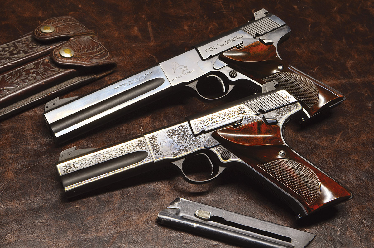 Two Match Targets. The short-barreled engraved model (bottom) was made in 1950, the other (top) in 1949.